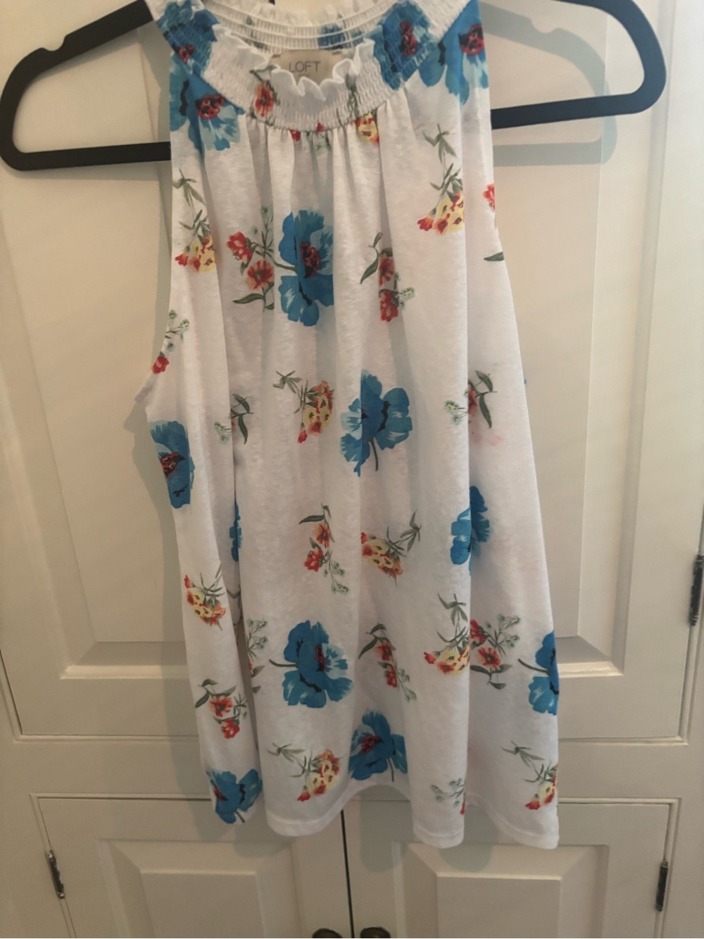 LOFT Floral Smocked White Tank with Blue and Red Print